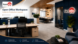 Open office workspace with collaborative zones, ergonomic desks, and acoustic partitions for workplace productivity