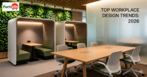 Workplace design trends 2026 featuring focus pods, biophilic office design, and collaborative workspaces