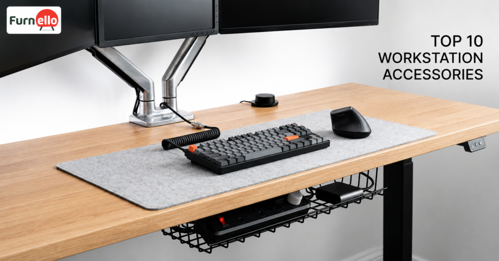 Workstation accessories that improve productivity including monitor arm, ergonomic keyboard, and cable organizer